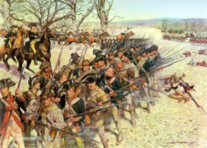 Painting of a line of soldiers in a mix of blue and brown coats, with muskets, curving to the left on a height with an officer on horseback behind