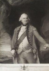 Painting of a man in a white wig in a 1700s uniform with a sash across his white vest