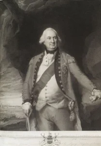 Painting of a man in a white wig in a 1700s uniform with a sash across his white vest