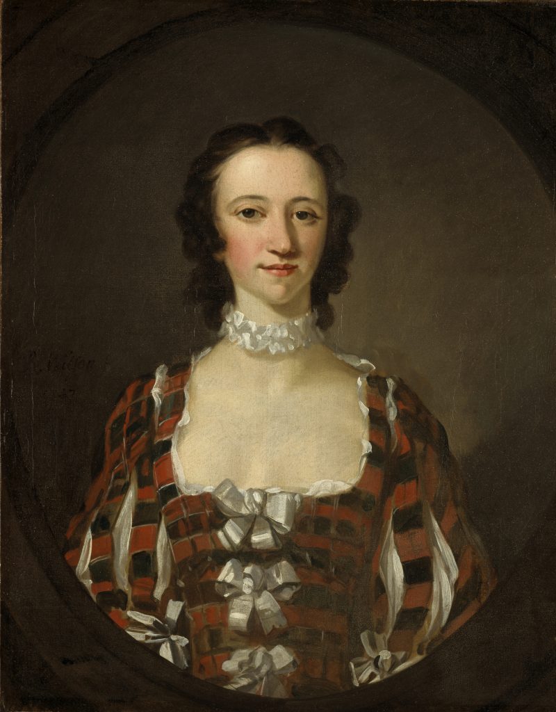 Painting of a dark-haired woman wearing a tartan dress and white lace choker
