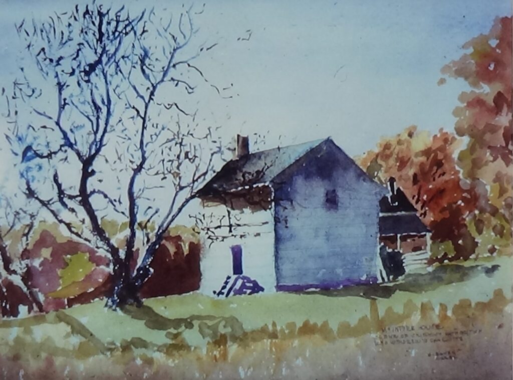 Painting of a small, two-story white wooden house with steps leading to a door on the front and a single window high on the side