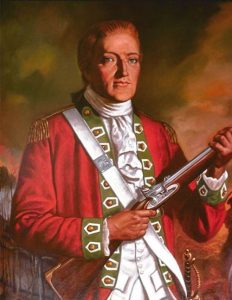 Painting of a red-haired man in a red military coat and a frilly white shirt, holding a flintlock rifle