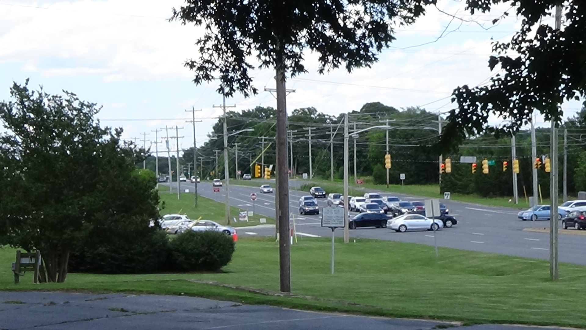 Photo looking up a wide suburban road with trees on the right side
