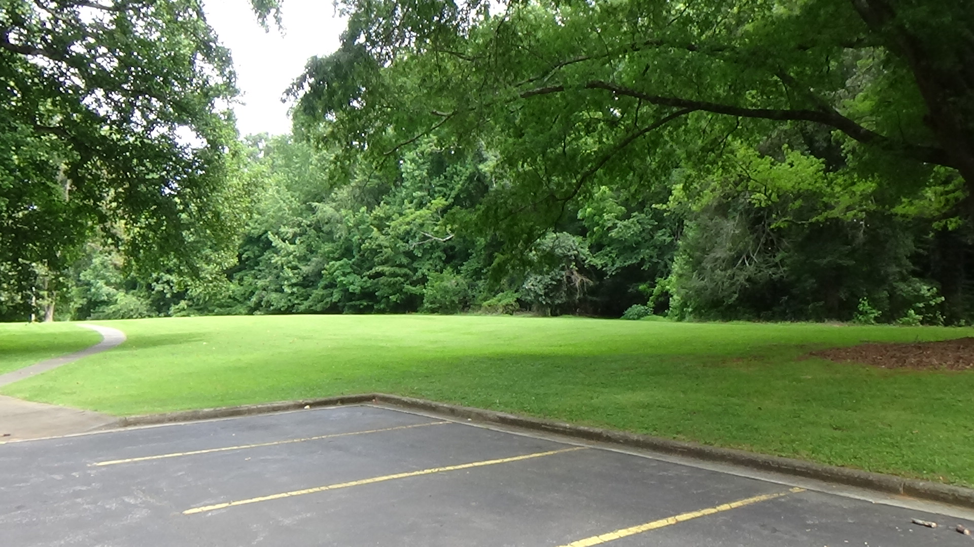 Photo of a lawn behind a parking lot, bordered by trees