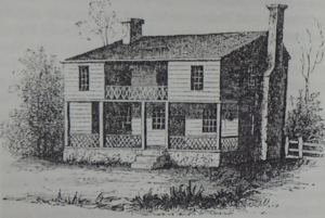 Drawing of a two-story wooden building with a full porch downstairs and half porch in the middle of the second floor