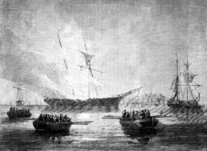 Lithograph of rowboats pulling away from a burning ship