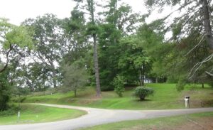 Photo of a low rise with a gravel driveway splitting around it