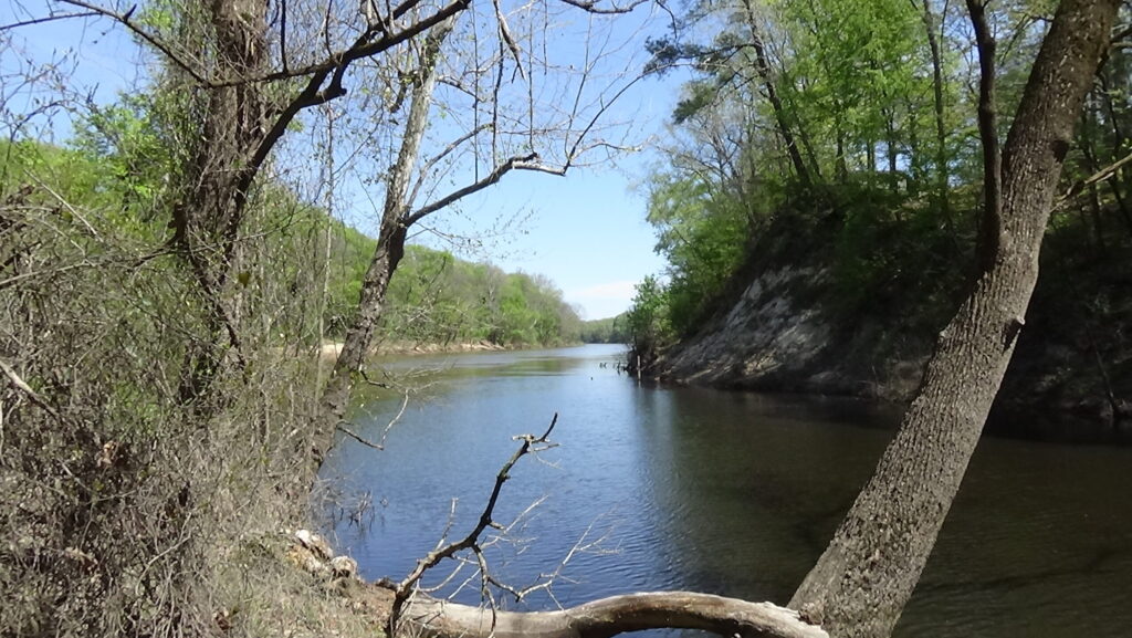 Photo of a river under a blue sky, with a high bank on the right and trees along the left