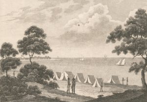 Lithograph with POW camp in background
