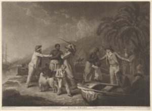 Lithograph of captured Africans being forced onto boats