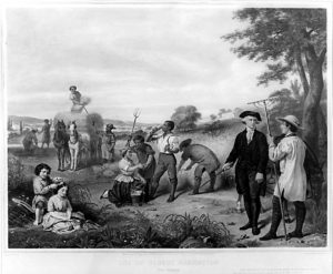 Painting with Washington on right, family on left, and smiling black slaves in the middle