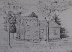 Drawing of a wooden house with a two-story wing on the left, and a one-story wing on the right with a door in the center and chimneys on each end