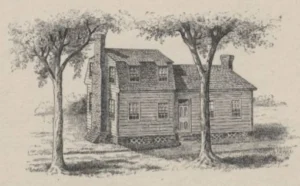Drawing of a wooden house with a two-story wing on the left, and a one-story wing on the right with a door in the center and chimneys on each end