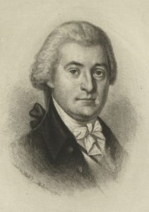 Drawing of a man in a wig wearing a black coat and white cravat
