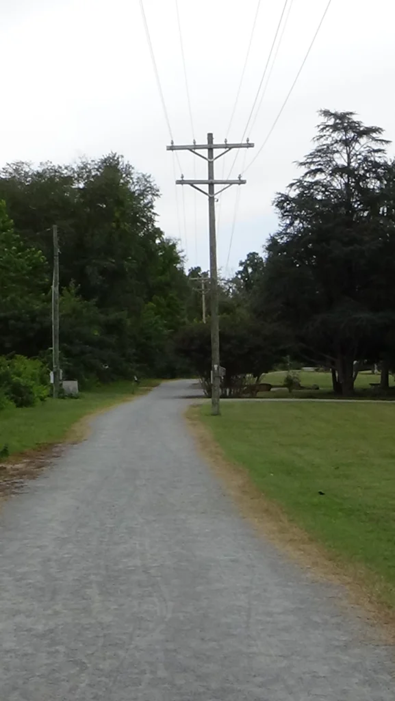 Photo of a wide gravel trail through a park, with a power pole and lines along the right side