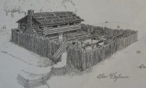Drawing of a two-story log building inside a high fence of vertical logs