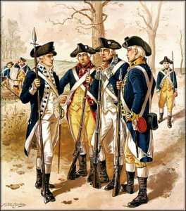 Drawing of three soldiers in blue coats, tricorn hats, and muskets talking to an officer with a pike