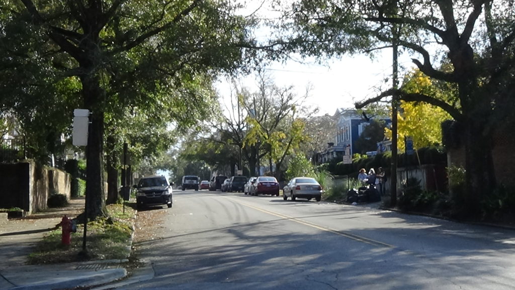 Photo looking uphill along a tree-lined residential street