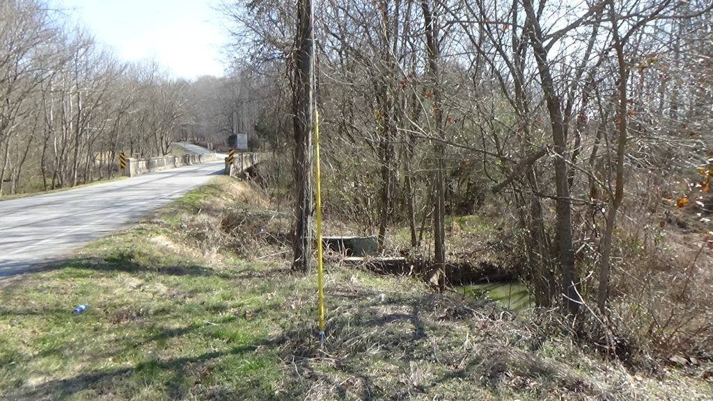 Photo of a two-lane road across a flat bridge with leafless trees on both sides