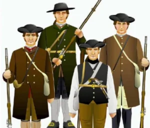 Color drawing of three men in brown or green long coats with muskets,, and one in a green vest and white shirt with a flintlock pistol
