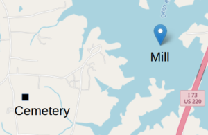 Map showing mill site in the lake to the northeast