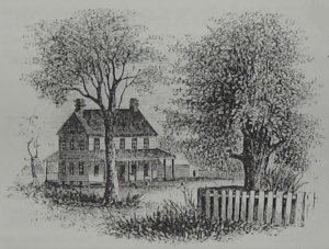 Old drawing of a two-story wooden home with a wraparound porch, and two trees in front