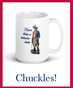 Mug saying "More than a minute-man," with a drawing of a Continental officer