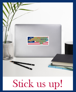 Computer with a sticker of the AmRevNC logo on it, a state map with pins in it on a 13-star American flag