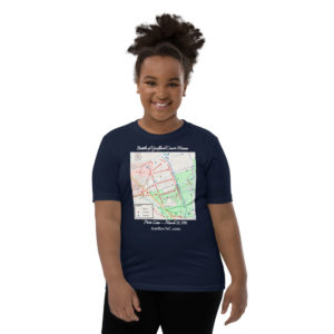 Blue tee shirt with a battle map with "Battle of Guilford Court House" on top and "First Line, March 15, 1781" below