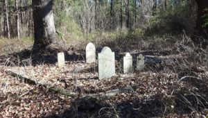 Photo of a small cemetery surrounded by a square of bricks within woods