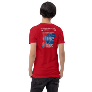 Tee shirt with a list of Revolutionary War sites over the silhouette of a man in a tricorn hat