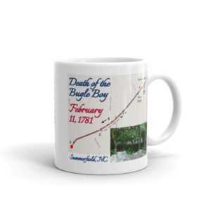 White mug with a battle map, photo, the words "Death of the Bugle Boy," and a date