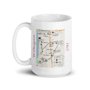 White mug with a camp map and the words "Wilmington 1781"