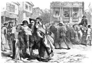 Old drawing of people reading a paper in a street in the 1700s surrounded by wooden buildings