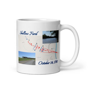 Mug with "Shallow Ford," the date, a battle map, and two photos
