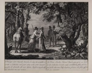 Black and white engraving with two apparent women in 1700s clothing meeting in woods with several men and a horse nearby