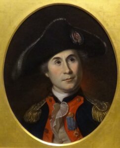 Old painting of a clean-shaven man in a military uniform with a wide hat