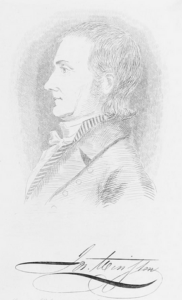 Line drawing of a beardless man with long hair in clothes circa 1800
